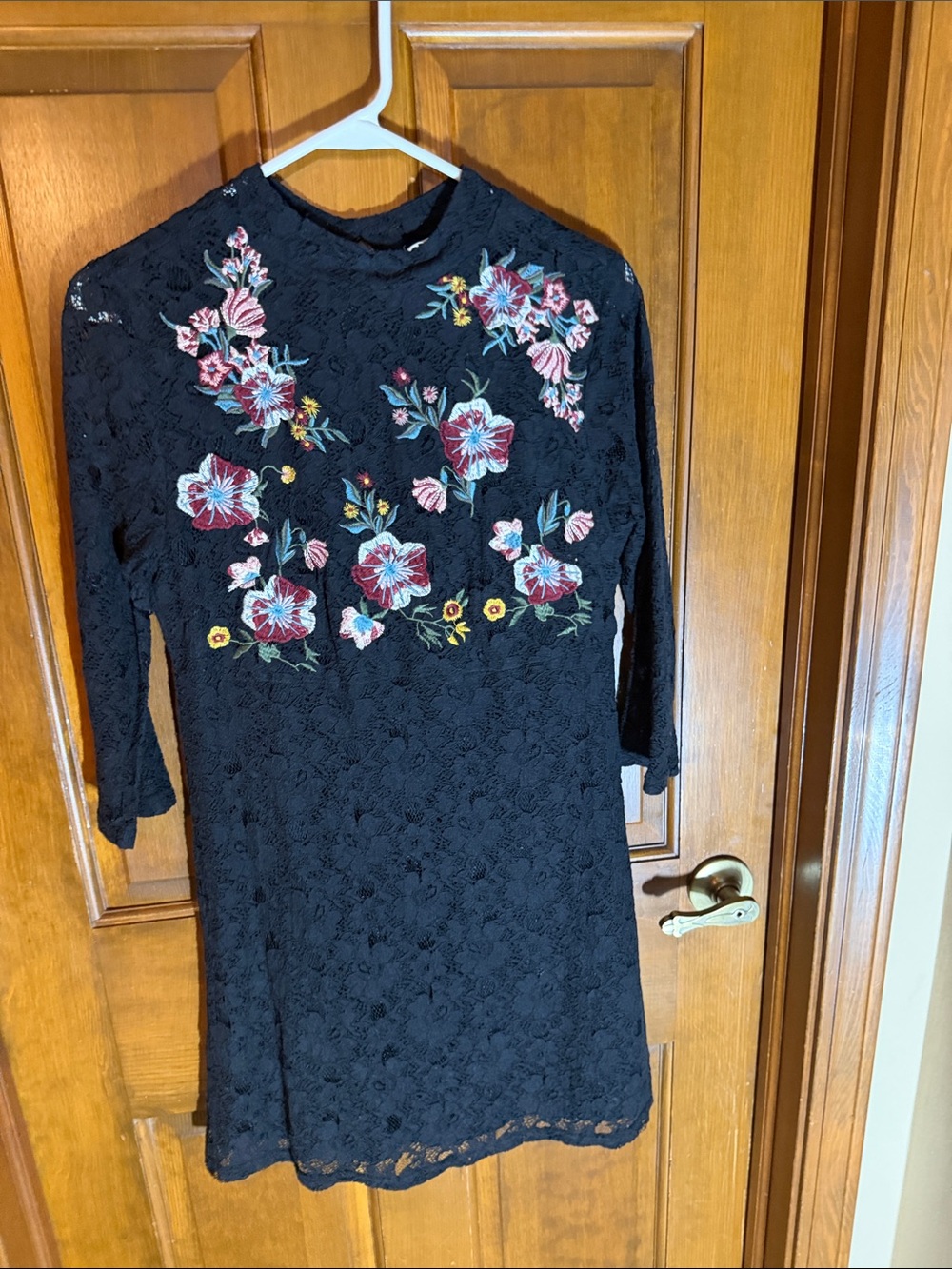 Altar'd State Black Lace Long-Sleeve Dress with Pink & Blue Floral Embroidery
